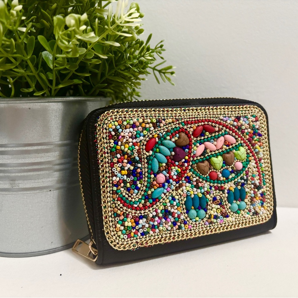 Handmade colorful Beaded Wallet Elephant Zip Around Coin Purse Boho NEW